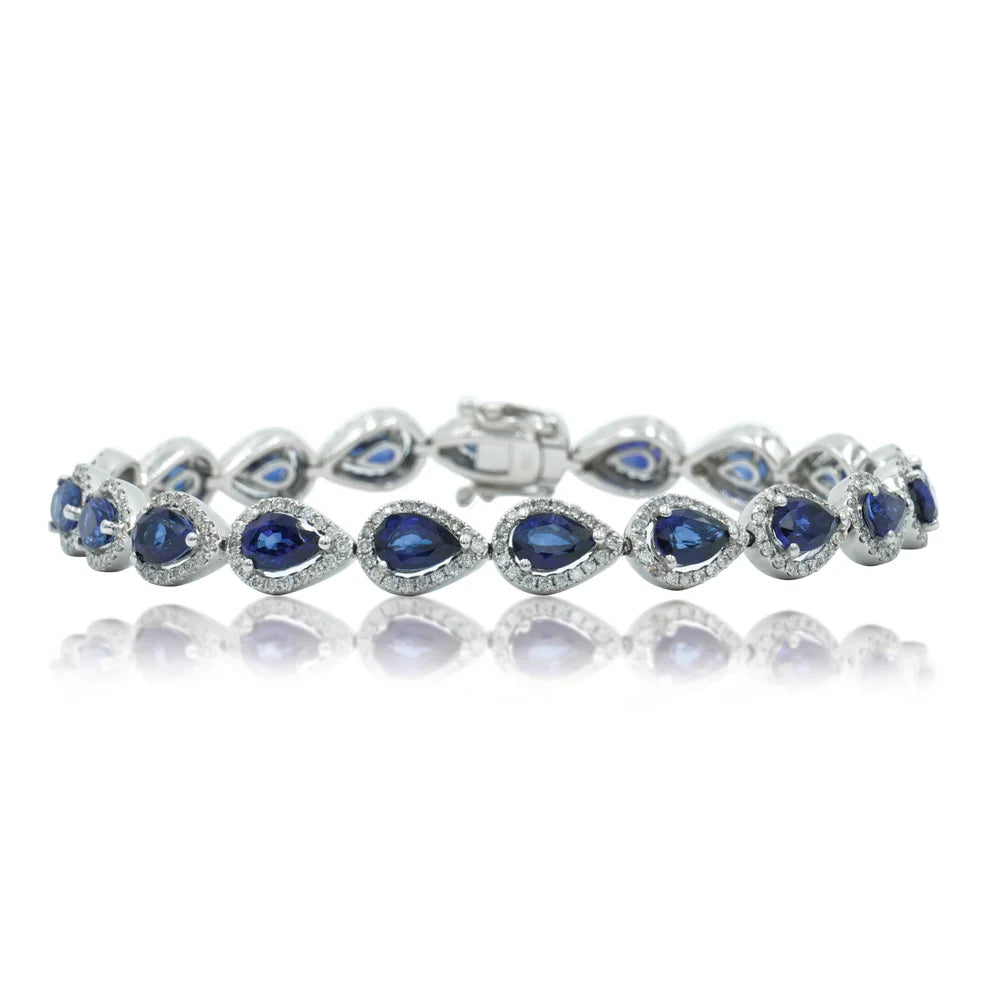 18K White Gold Pear Cut Sapphire & Diamond Bracelet Front