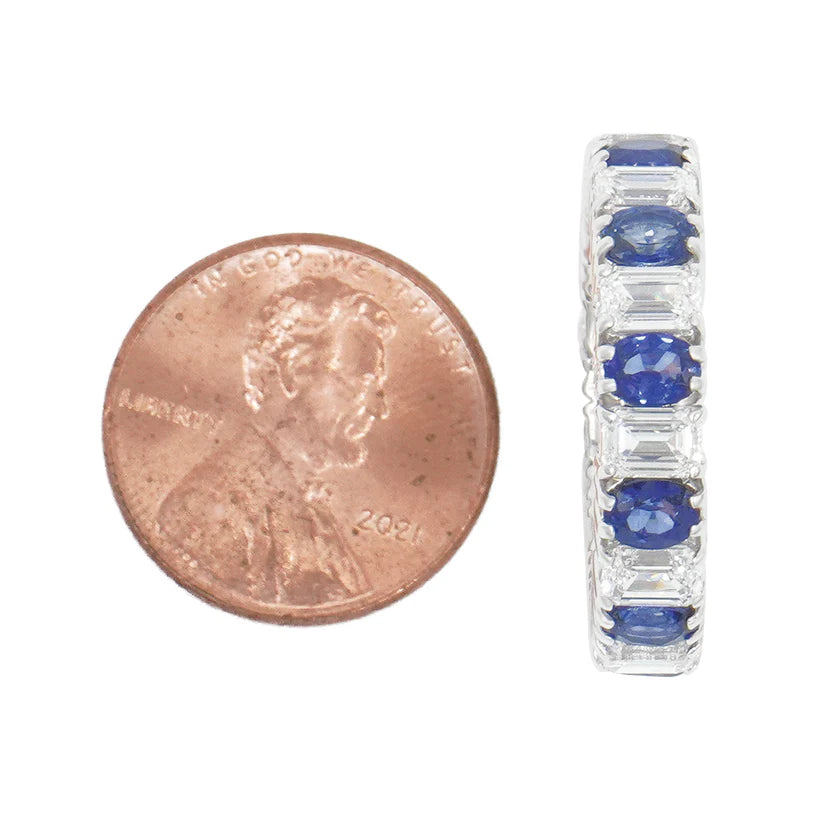 Emerald Cut Diamond & Oval Cut Sapphire Eternity Ring Size comparison to a coin