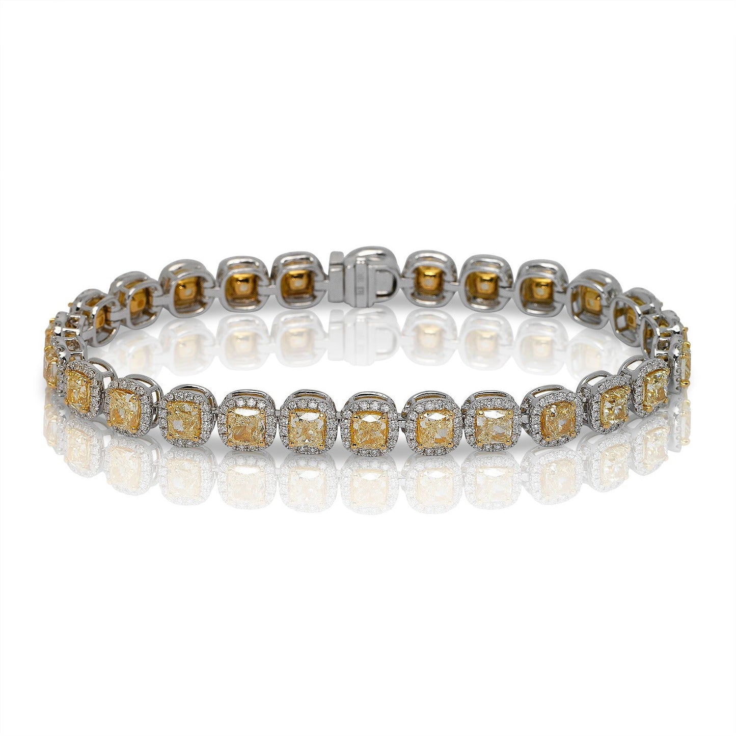 Single Row Fancy Yellow Diamonds Tennis Bracelet 14 Carat Cushion Cut in 18k White Gold