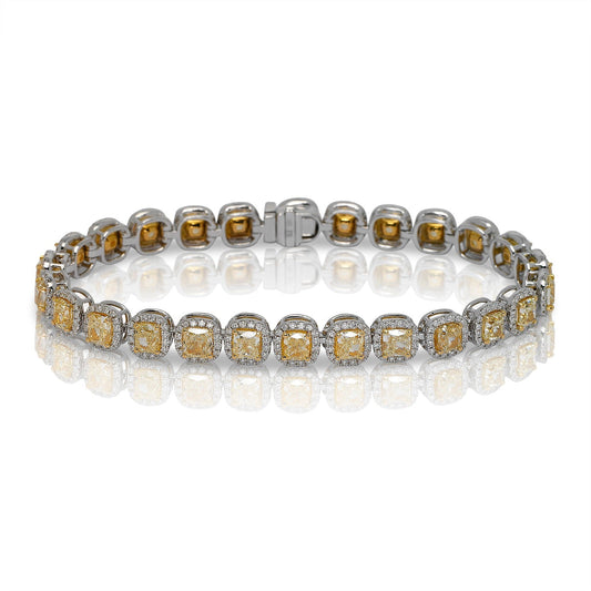 Single Row Fancy Yellow Diamonds Tennis Bracelet 14 Carat Cushion Cut in 18k White Gold