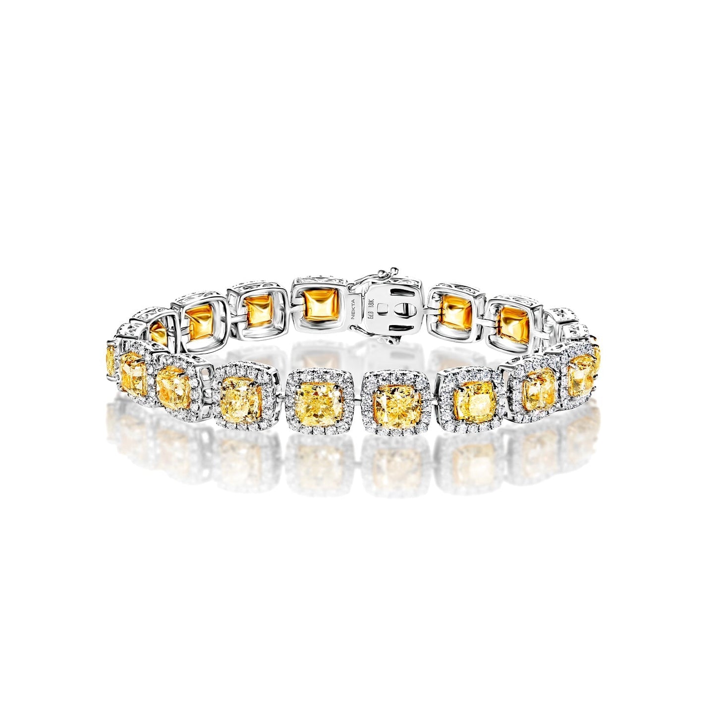 Diamond Tennis Bracelet 23 Carats Fancy Yellow Cushion Cut Single Row in 18k White Gold