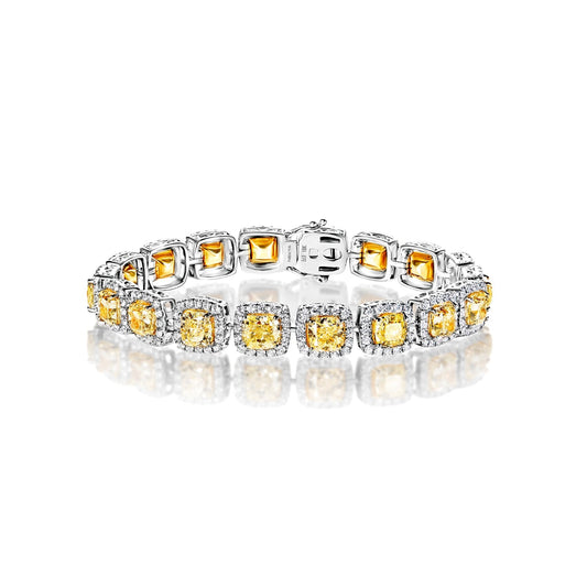 Diamond Tennis Bracelet 23 Carats Fancy Yellow Cushion Cut Single Row in 18k White Gold