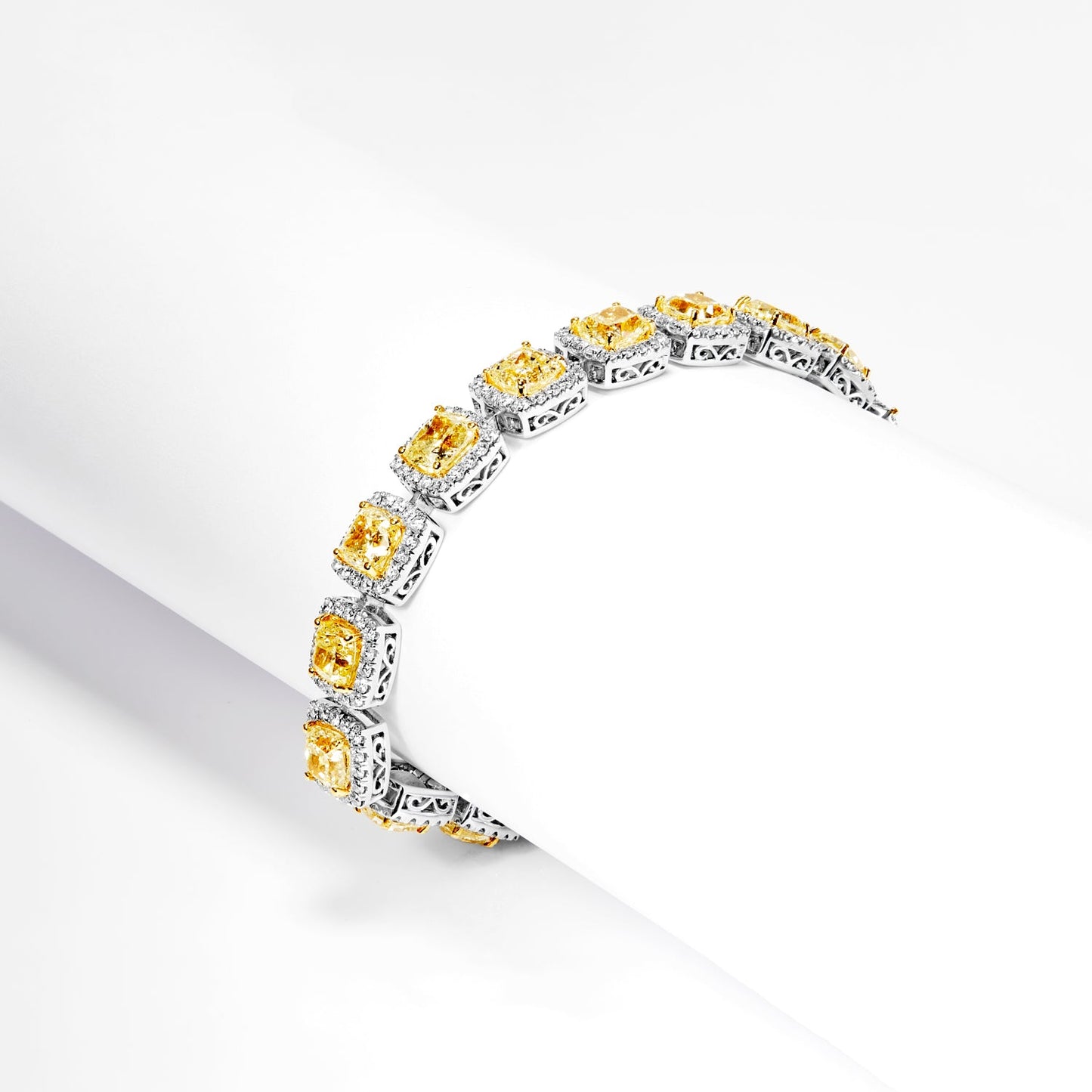 Diamond Tennis Bracelet 23 Carats Fancy Yellow Cushion Cut Single Row in 18k White Gold