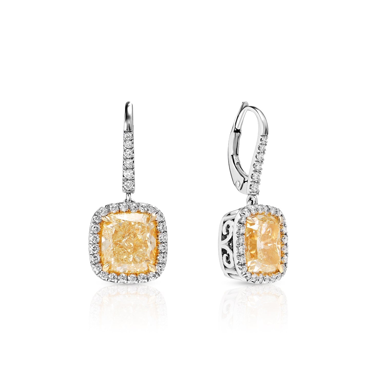 7 Carat Yellow Cushion Cut Halo Diamond Leverback Hanging Earrings Front and Side