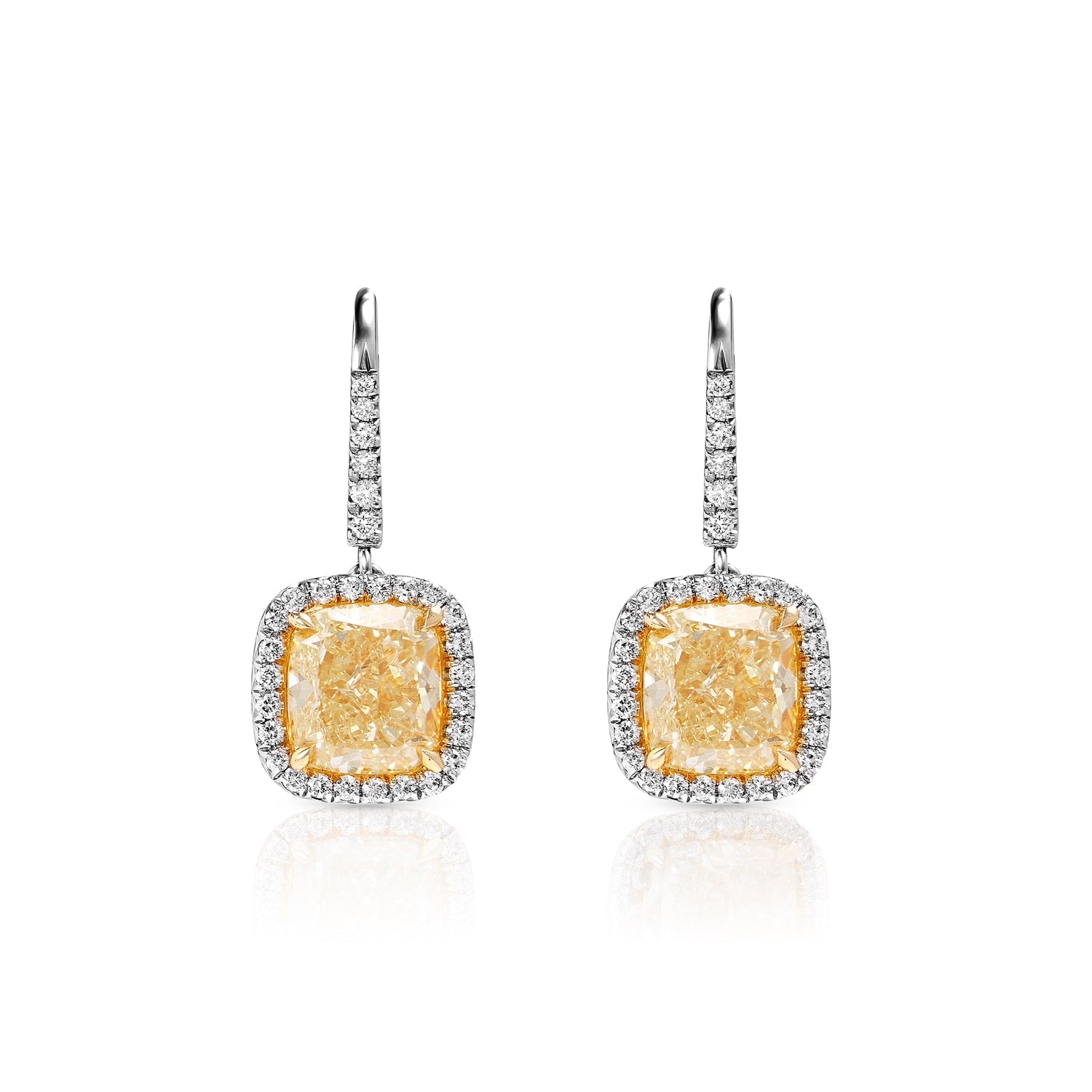 7 Carat Yellow Cushion Cut Halo Diamond Leverback Hanging Earrings Front