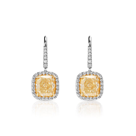 7 Carat Yellow Cushion Cut Halo Diamond Leverback Hanging Earrings Front