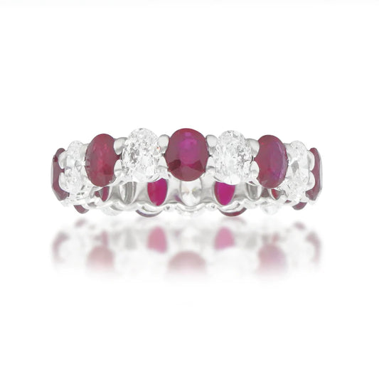 14K White Gold Oval Cut Diamond & Ruby Eternity Ring Front