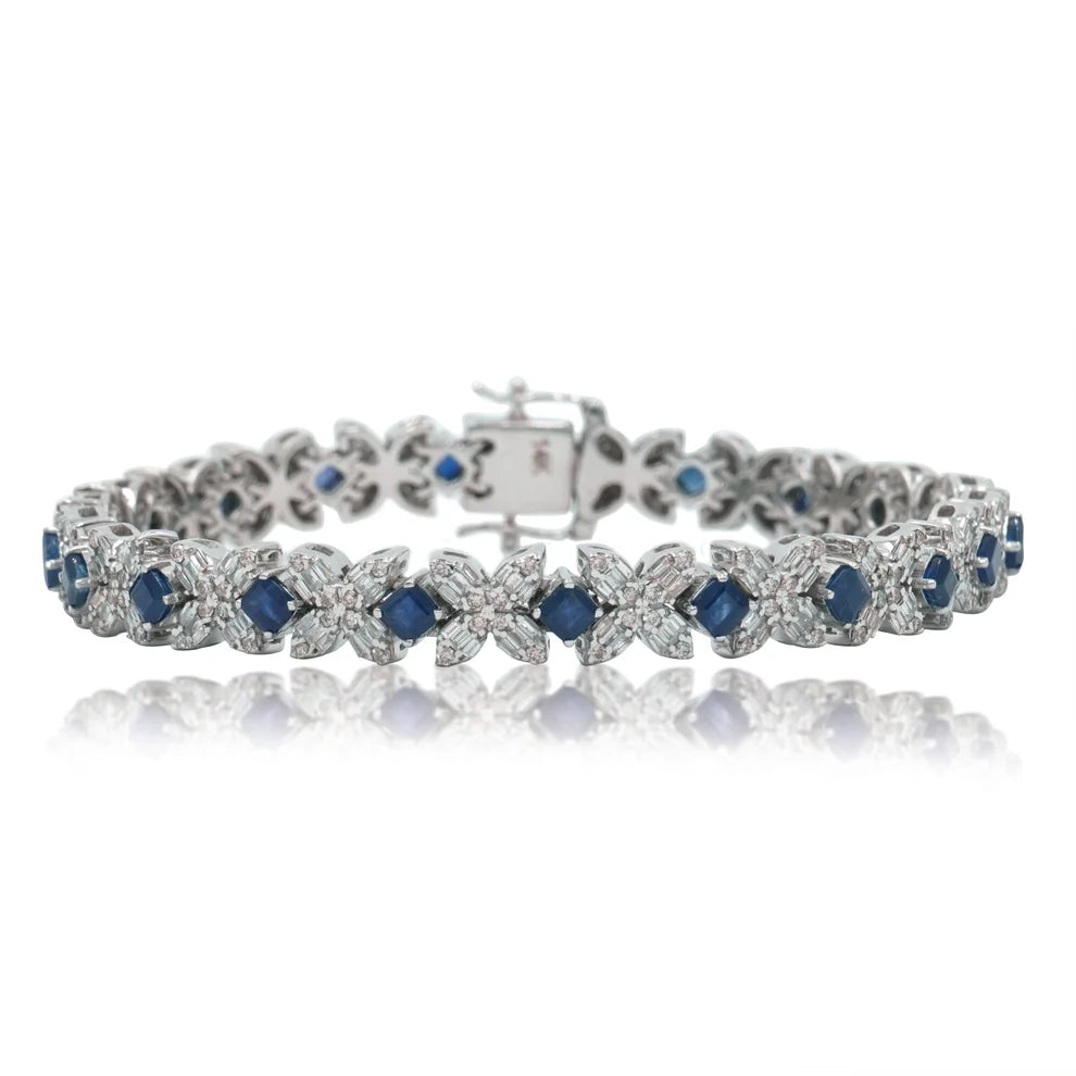 14K White Gold Asscher Cut Sapphire & Diamond Bracelet Front