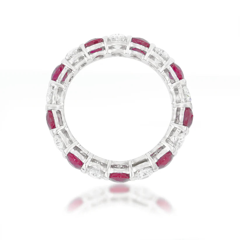 14K White Gold Oval Cut Diamond & Ruby Eternity Ring Side