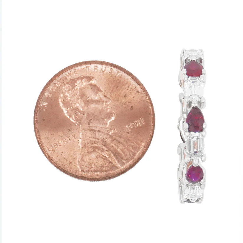 Emerald Cut Diamond & Pear Cut Ruby Eternity Ring Size comparison to a coin