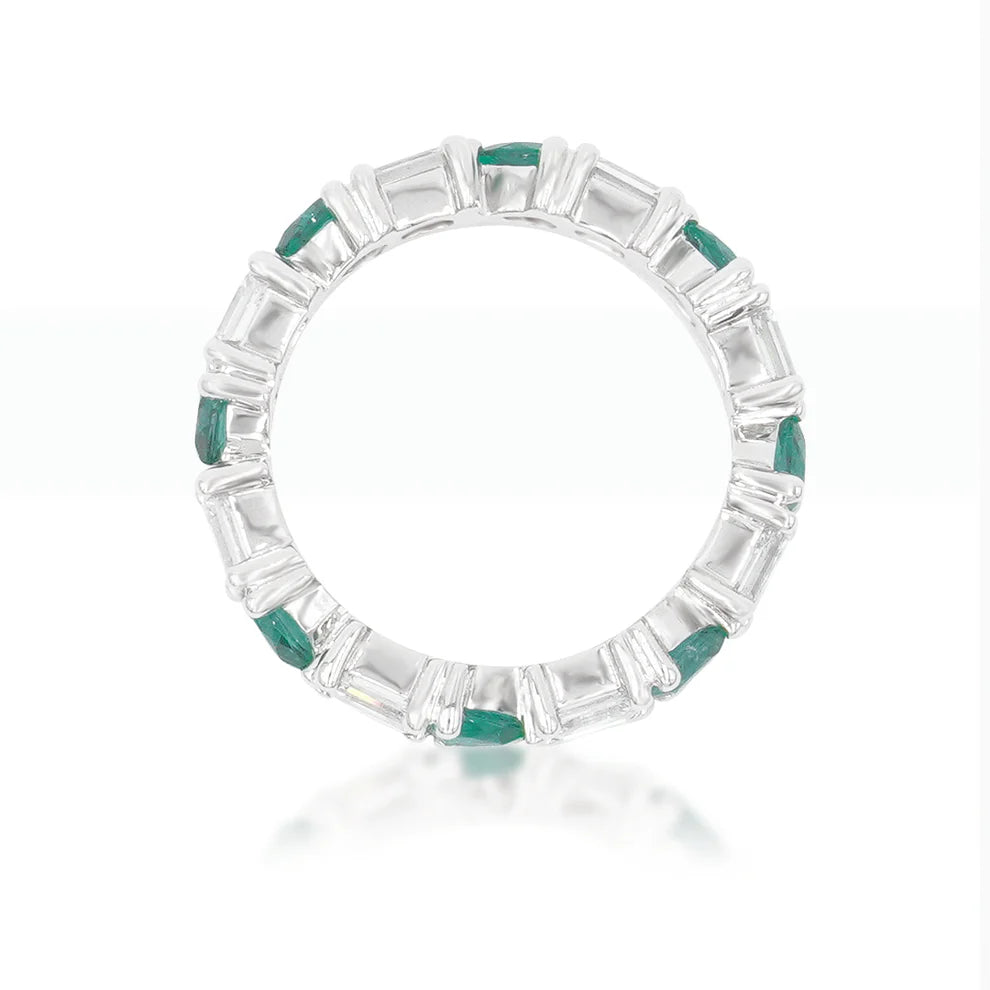 14K White Gold Emerald Cut Diamond & Pear Cut Emerald Eternity Ring