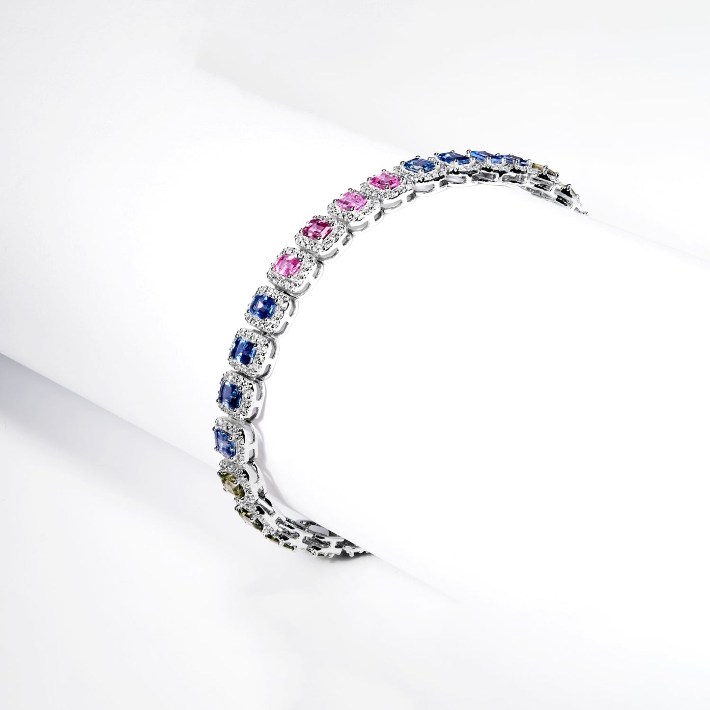 Multi-Color Emerald Cut Diamond Tennis Bracelet in 14k White Gold