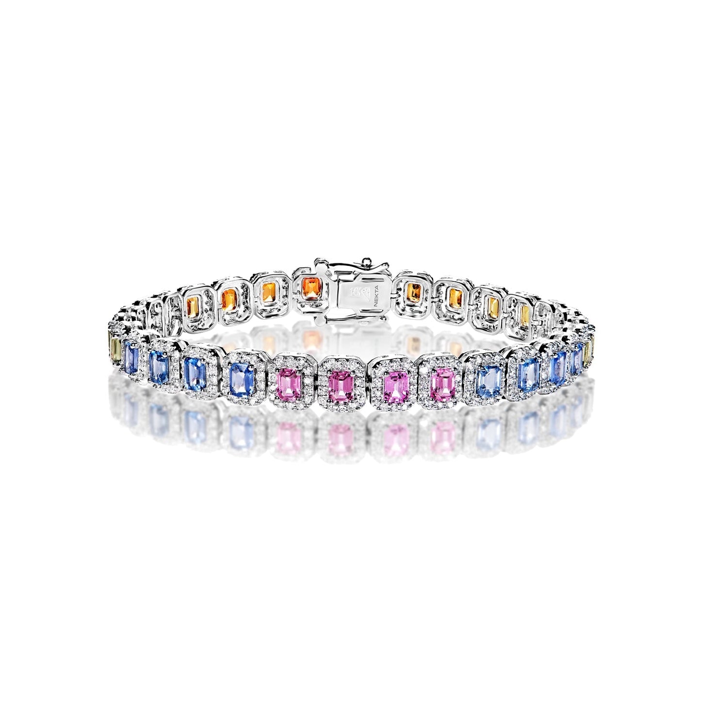 Multi-Color Emerald Cut Diamond Tennis Bracelet in 14k White Gold