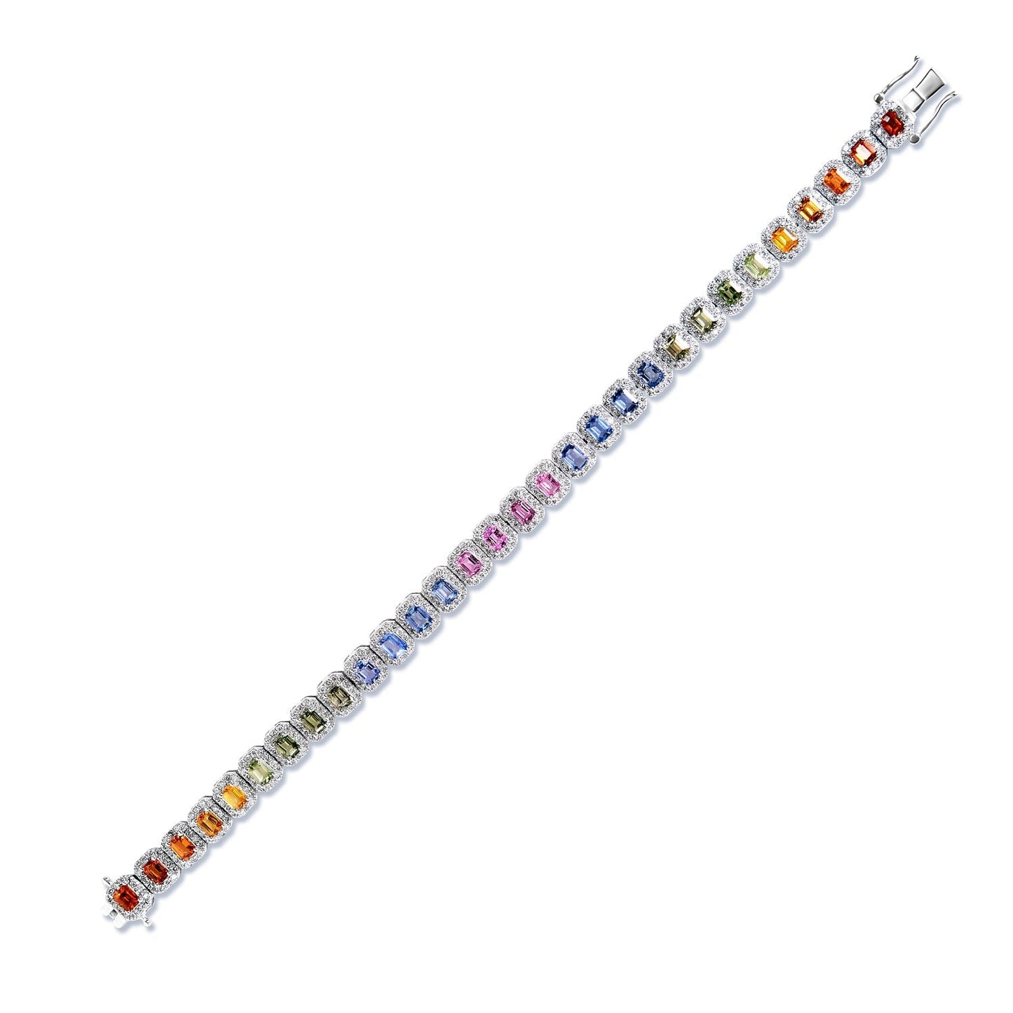 Multi-Color Emerald Cut Diamond Tennis Bracelet in 14k White Gold