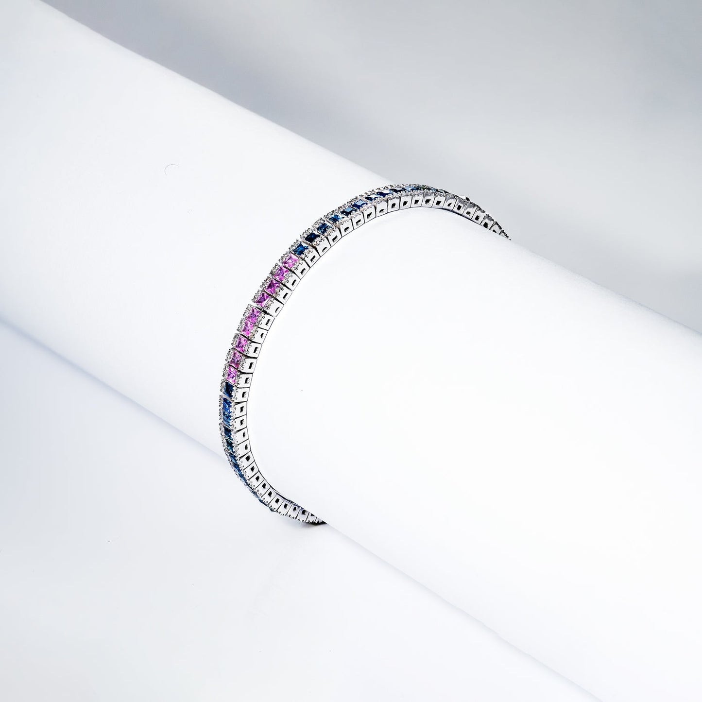 Rainbow Sapphire 7 Carat Princess Cut Single Row Tennis Bracelet in 14k White Gold