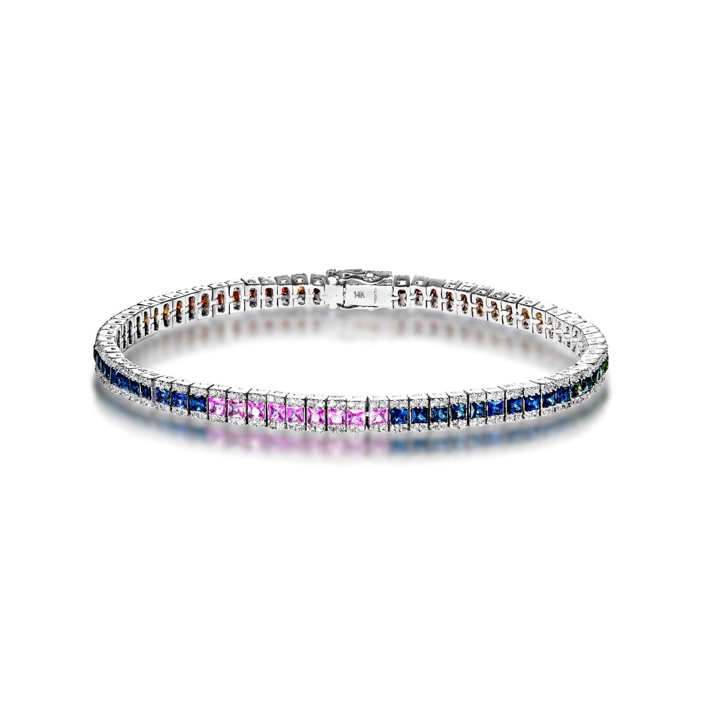 Rainbow Sapphire 7 Carat Princess Cut Single Row Tennis Bracelet in 14k White Gold