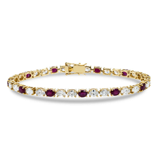 18K Yellow Gold Oval Cut Ruby & Diamond Tennis Bracelet Front