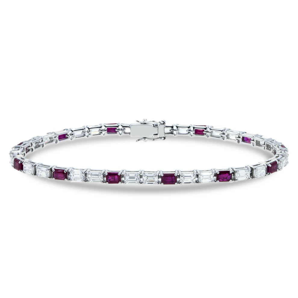 18K White Gold Emerald Cut Ruby & Diamond Tennis Bracelet Front