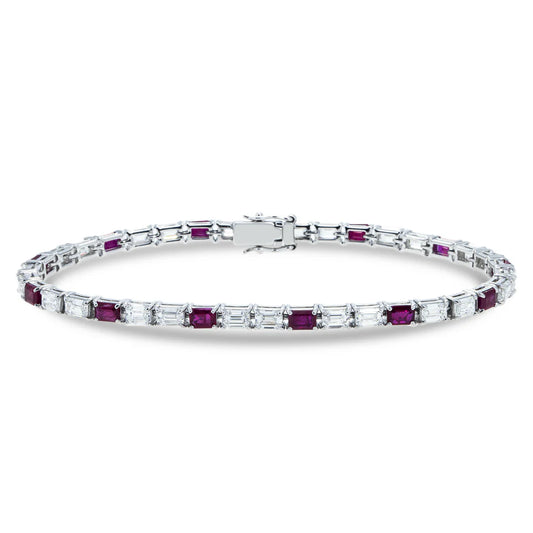 18K White Gold Emerald Cut Ruby & Diamond Tennis Bracelet Front