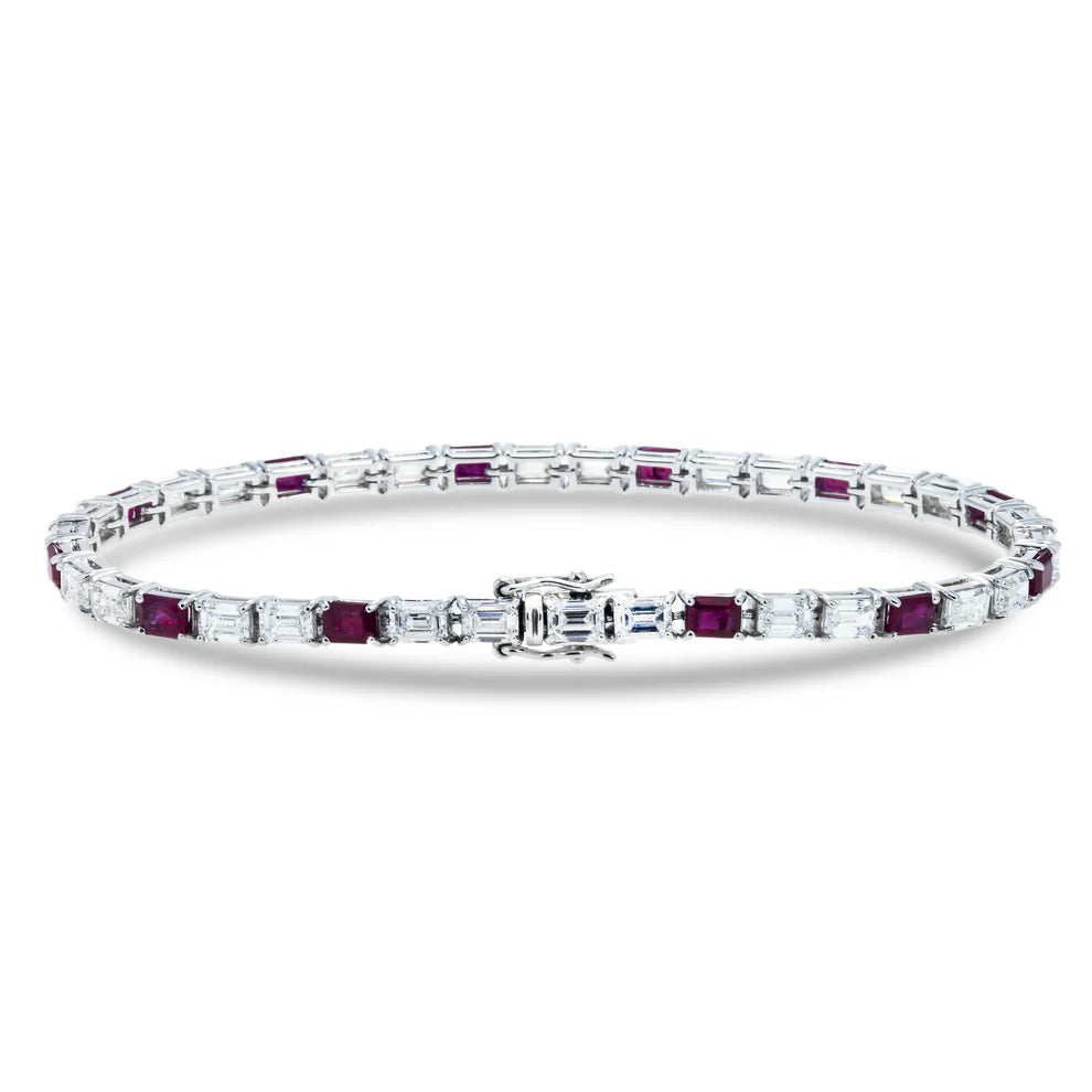 18K White Gold Emerald Cut Ruby & Diamond Tennis Bracelet Back