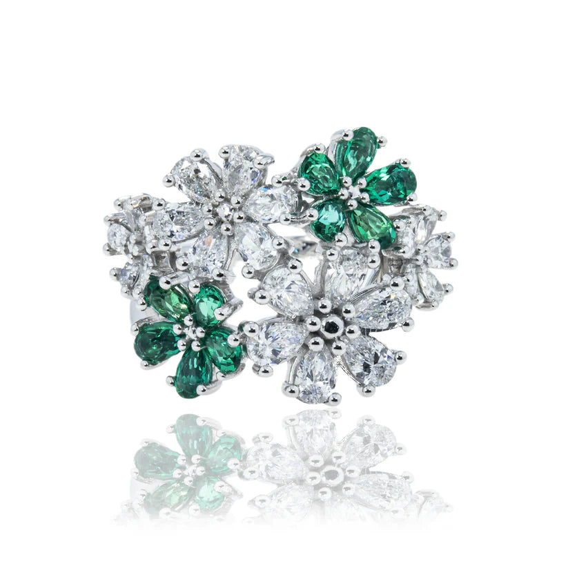 14K White Gold Pear Cut Emerald & Diamond Spring Flower Ring Front