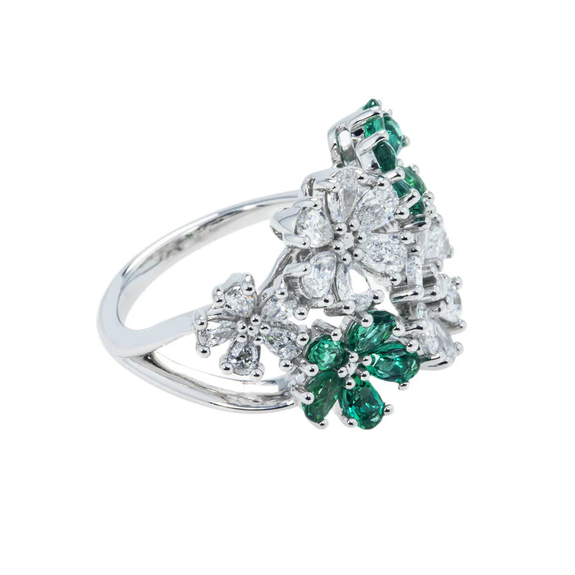 14K White Gold Pear Cut Emerald & Diamond Spring Flower Ring side 1