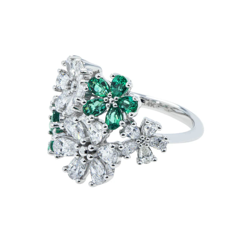 14K White Gold Pear Cut Emerald & Diamond Spring Flower Ring Side