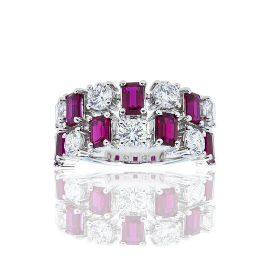 14K White Gold Emerald Cut Ruby & Round Cut Diamond Ring Front