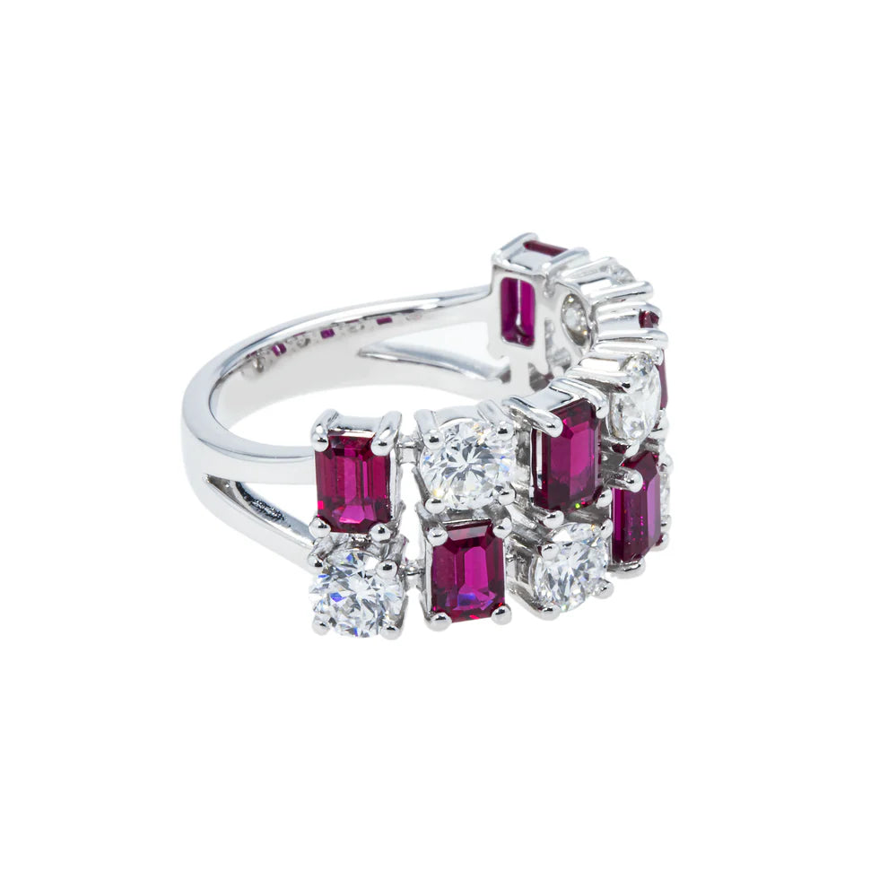 14K White Gold Emerald Cut Ruby & Round Cut Diamond Ring side 1