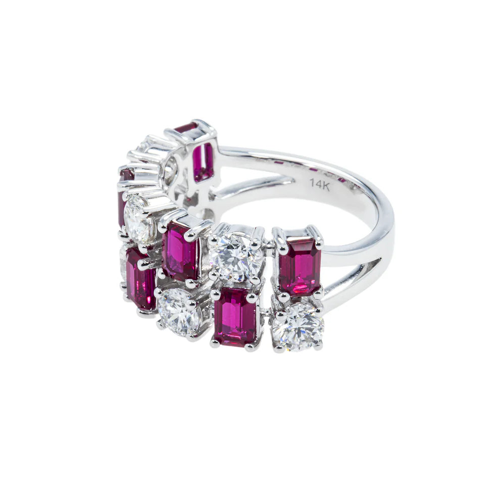 14K White Gold Emerald Cut Ruby & Round Cut Diamond Ring Side