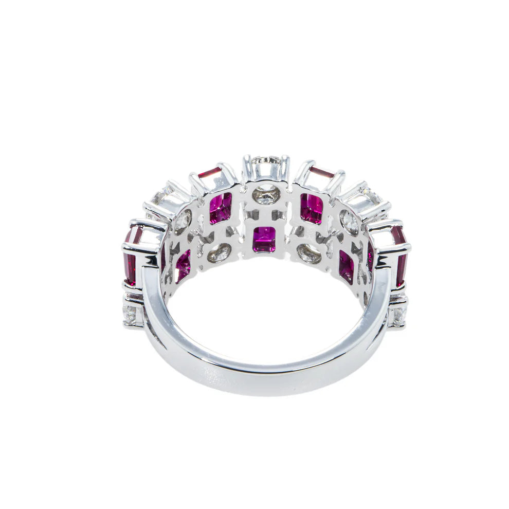 14K White Gold Emerald Cut Ruby & Round Cut Diamond Ring Back