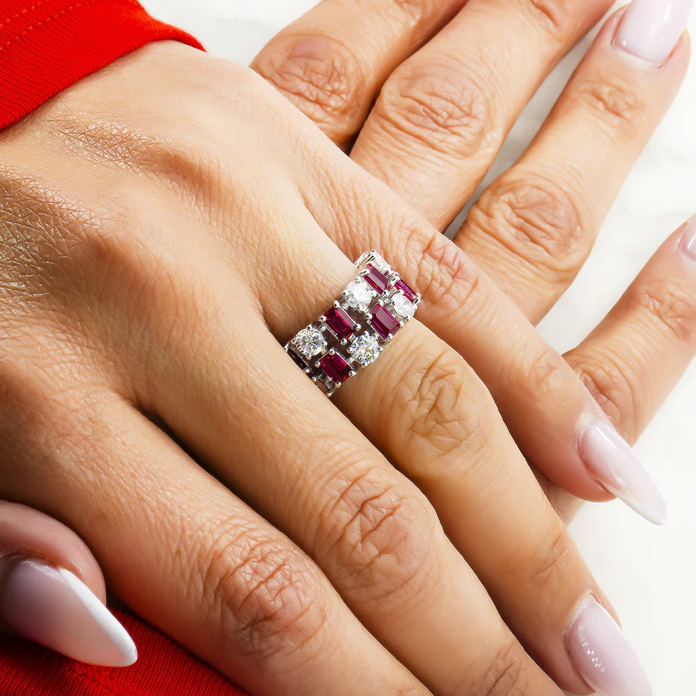 14K White Gold Emerald Cut Ruby & Round Cut Diamond Ring