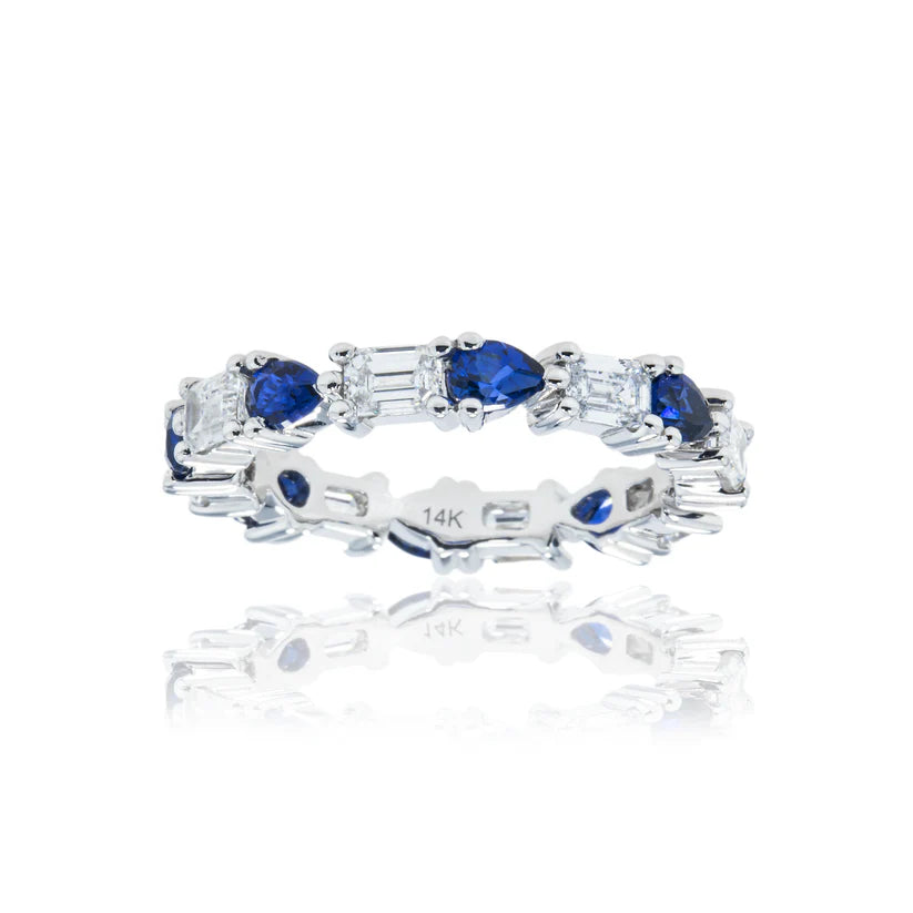 14K White Gold Emerald Cut Diamond & Pear Cut Sapphire Eternity Ring Front