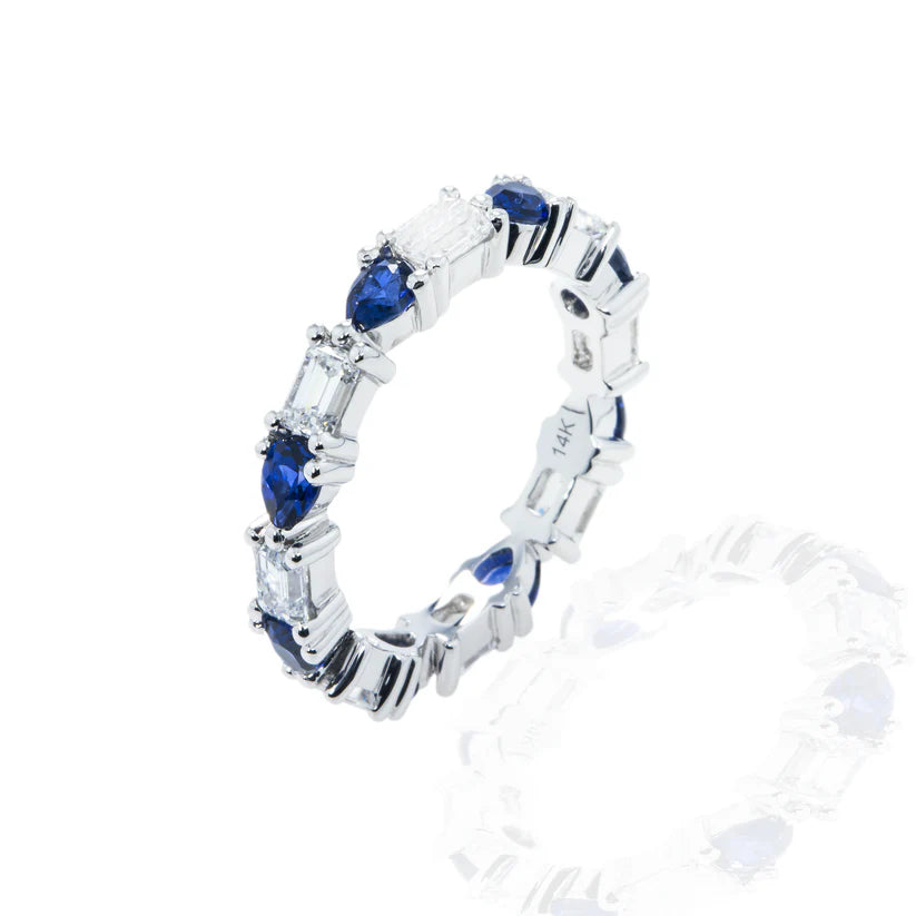 14K White Gold Emerald Cut Diamond & Pear Cut Sapphire Eternity Ring Side Front