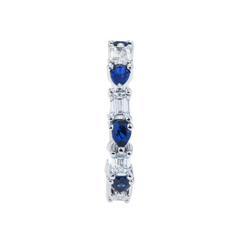 14K White Gold Emerald Cut Diamond & Pear Cut Sapphire Eternity Ring Front