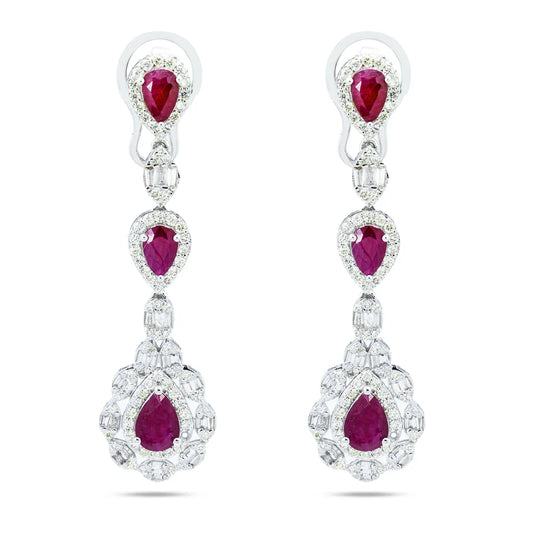 14K White Gold Ruby & Diamond Three Tier Drop Earrings Front