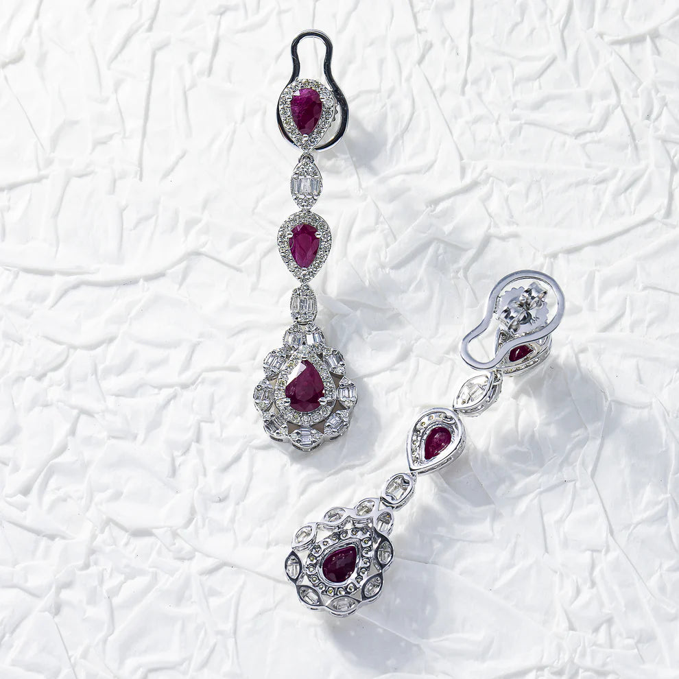 14K White Gold Ruby & Diamond Three Tier Drop Earrings Front and Back