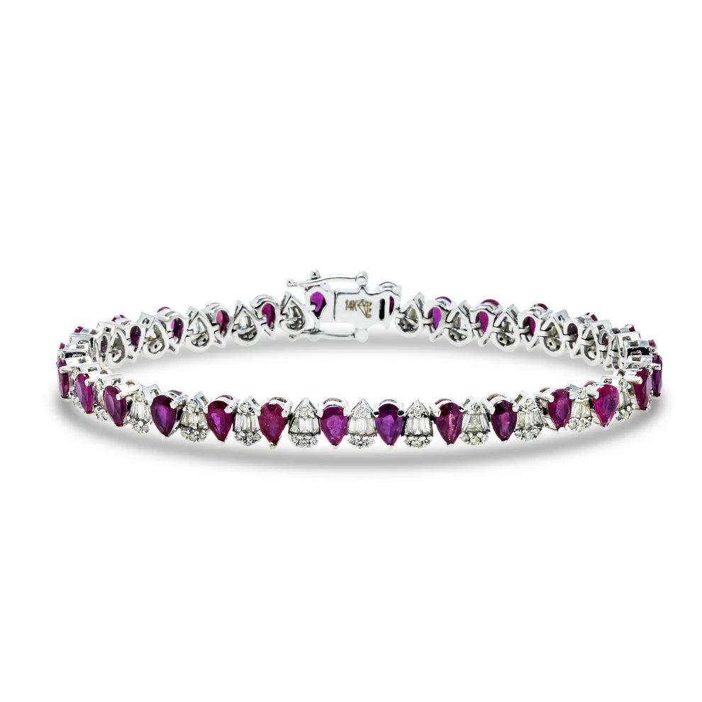 14K White Gold Pear Cut Ruby & Diamond Tennis Bracelet Front