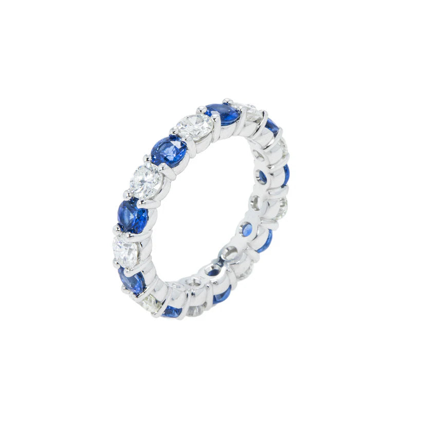 14K White Gold Round Sapphire & Diamond Eternity Ring Front side