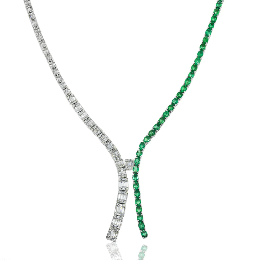 14K White Gold Oval Cut Emerald & Diamond Drop Necklace