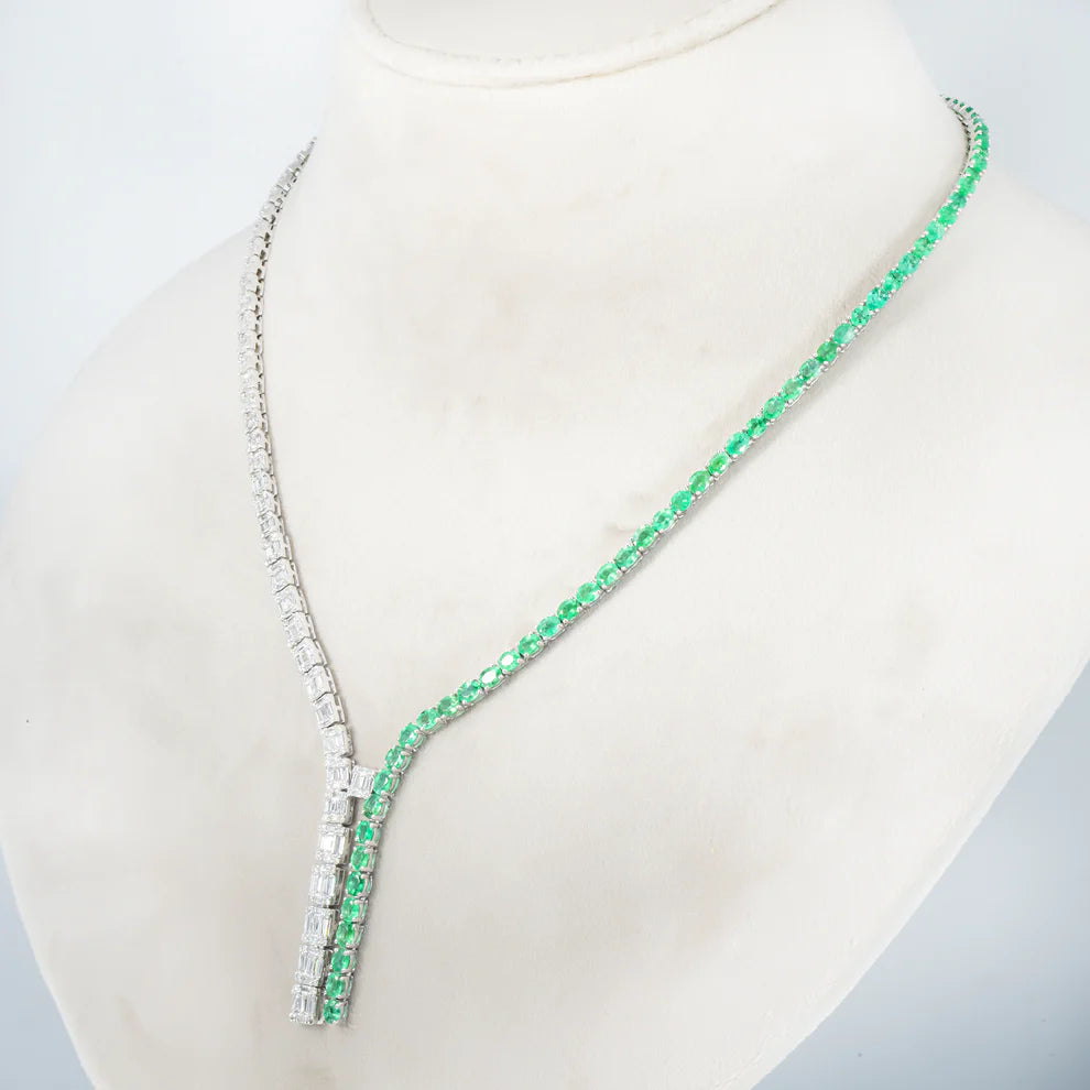 14K White Gold Oval Cut Emerald & Diamond Drop Necklace Front