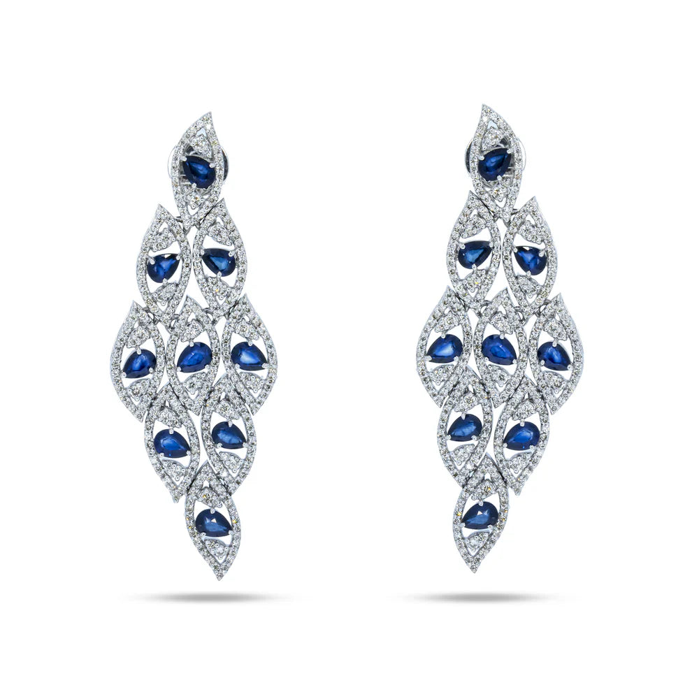 14K White Gold Pear Cut Sapphire & diamond Drop Earrings Front