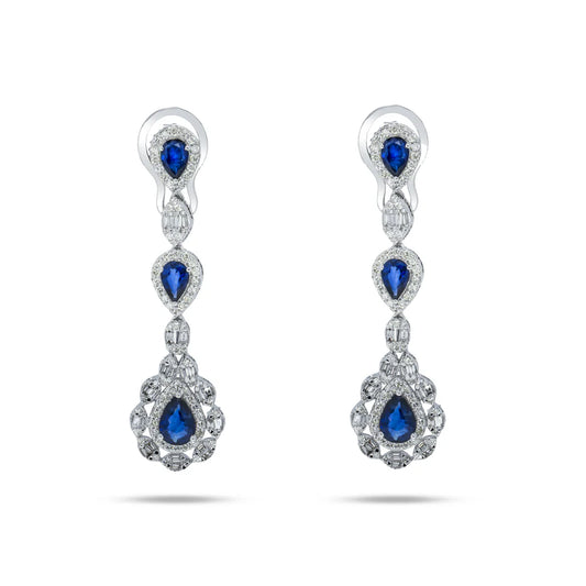 14K White Gold Pear Cut Sapphire & Diamond Drop Earrings Front