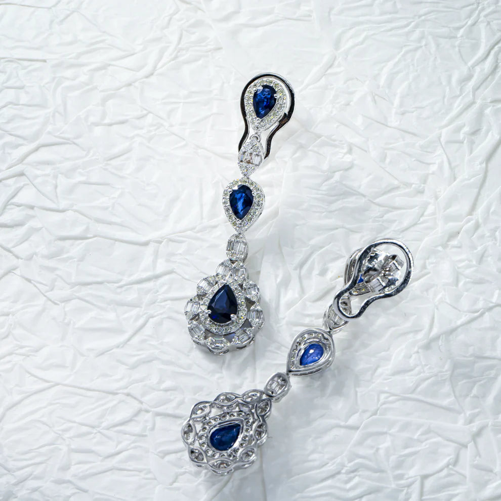 14K White Gold Pear Cut Sapphire & Diamond Drop Earrings Front and Back