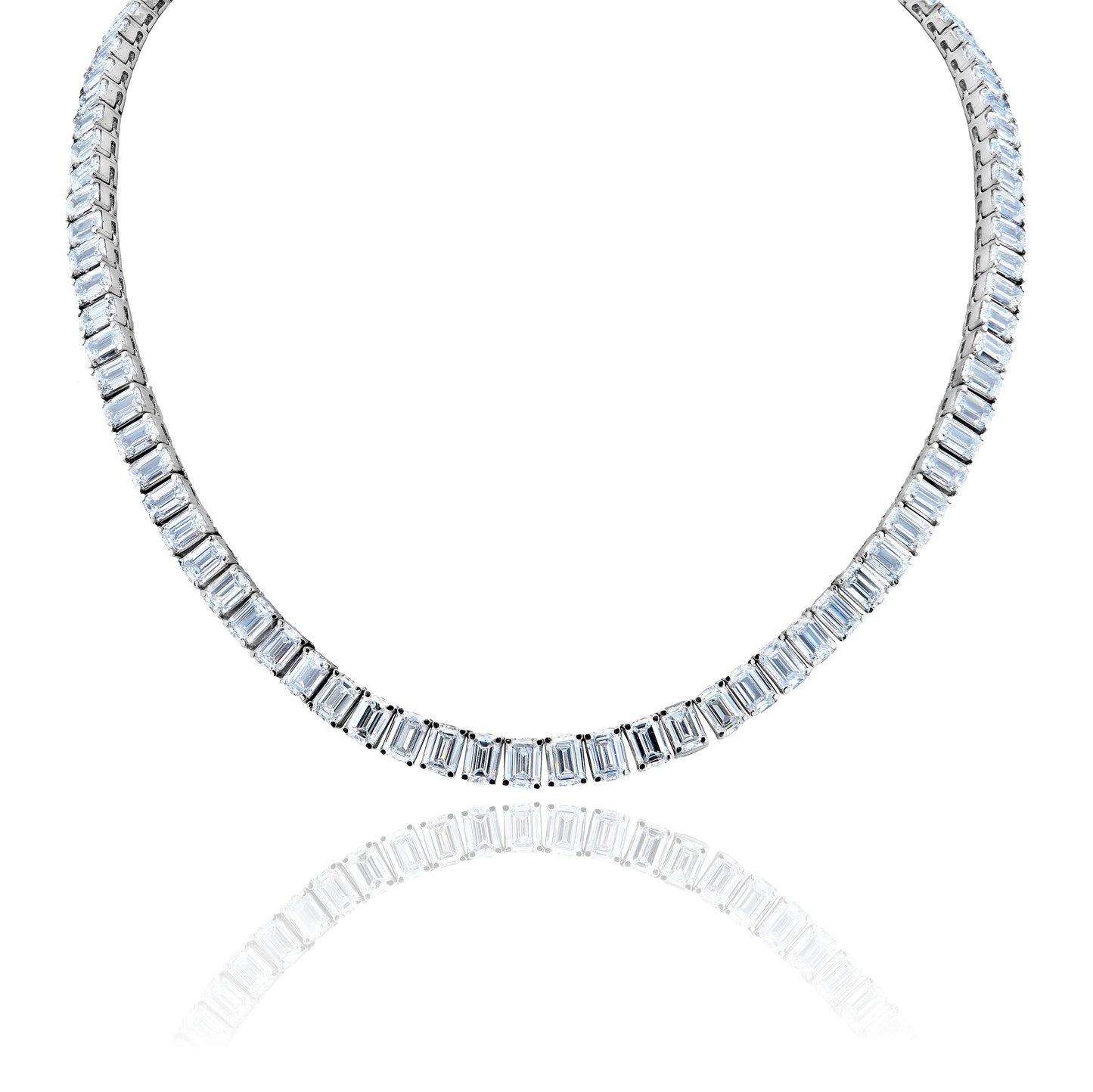 49.75 Carats Emerald Cut Lab Grown Diamond Tennis Necklace in 14K White Gold