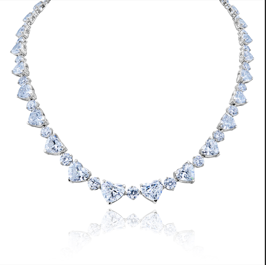 61.30 Carats Heart Shape Lab-Grown Diamond Riviera Necklace in 18k White Gold