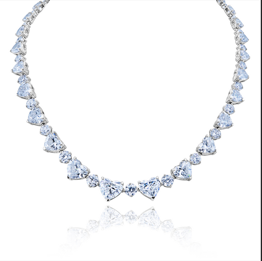 61.30 Carats Heart Shape Lab-Grown Diamond Riviera Necklace in 18k White Gold