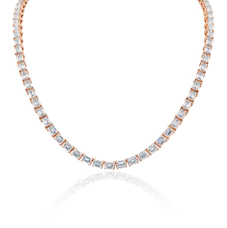 110 Carats Emerald Cut Lab-Grown Diamond Tennis Necklace in 18k Rose Gold