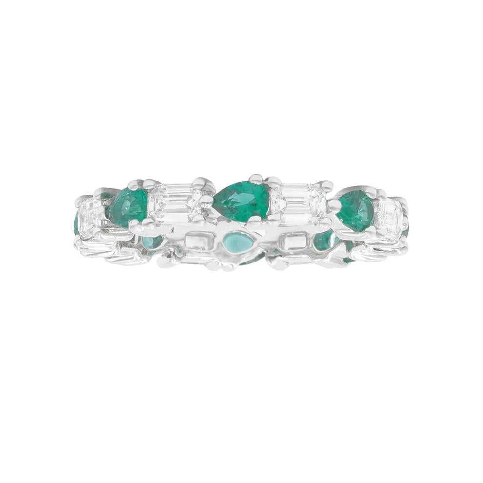 14K White Gold Emerald Cut Diamond & Pear Cut Emerald Eternity Ring