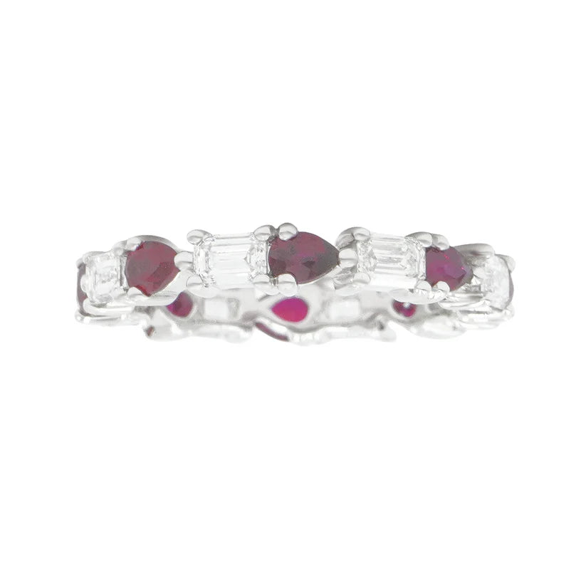 Emerald Cut Diamond & Pear Cut Ruby Eternity Ring Front